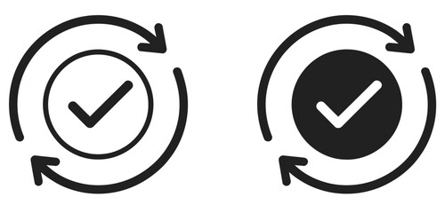 Update transaction icon set with rotating check mark tick symbol, automatic payment graphic illustration, sync verification spin cycle, and digital finance process © welcome 