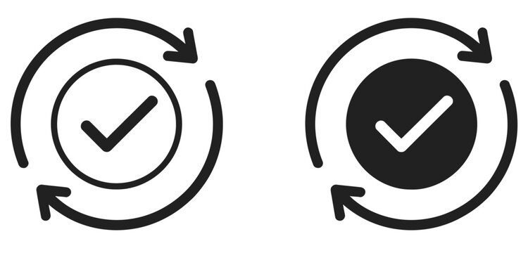 Update transaction icon set with rotating check mark tick symbol, automatic payment graphic illustration, sync verification spin cycle, and digital finance process