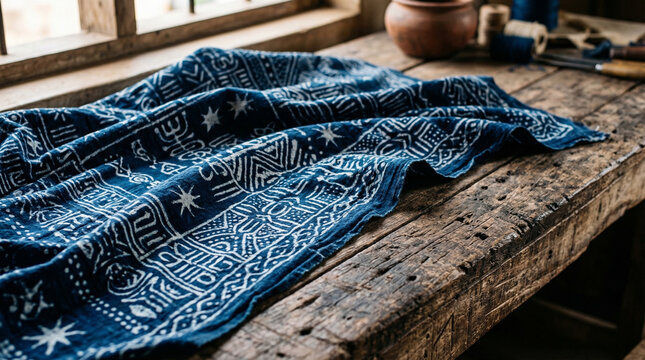Indigo adire fabric laid over a weathered wooden surface, Afrohemian decor, adire, african textile