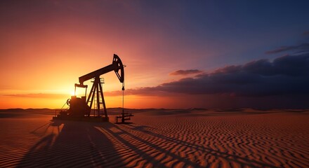 Naklejka premium Oil Industry Pumpjack Silhouette At Sunset In Desert Energy Production Concept