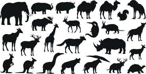 Wild animal silhouette collection vector set, safari wildlife mammals illustration, elephant lion giraffe deer camel isolated black clipart © Safiqul