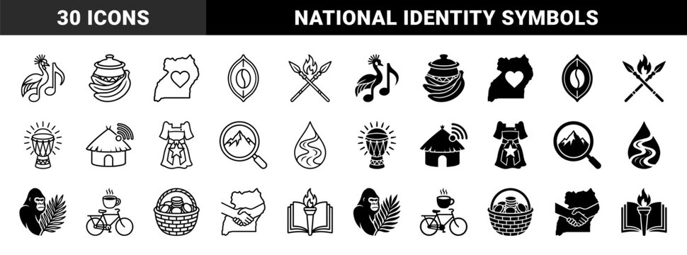 Ugandan cultural heritage and national identity symbols featuring hybrid designs of crested crane music notes matooke pottery and gorilla palm leaves