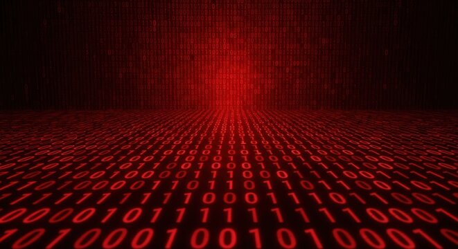 A digital tunnel of binary code with a glowing red light at its center.