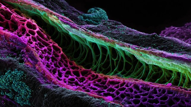 Cross-section of Tumor Microenvironment Showing Angiogenesis Vessels With Detailed Cellular Structures in Bright Colors