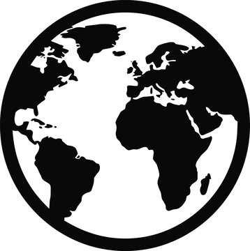 A black and white illustration of the Earth from space, showing continents and oceans in a simple, graphic style similar to wqe (413)