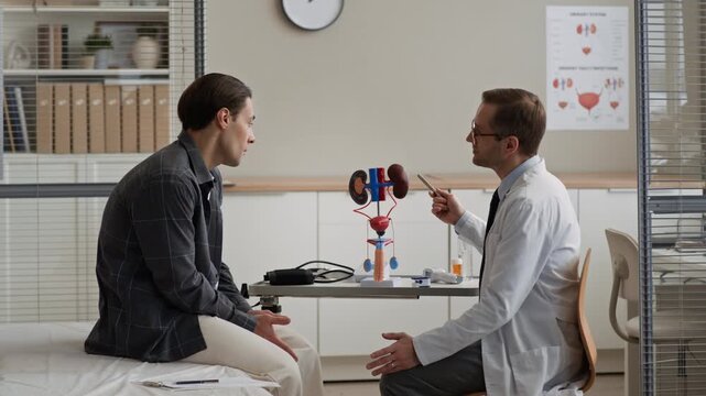 Medium side view eye level shot of male urologist pointing at kidney model while discussing kidney function and treatment options with male patient having back pain during clinic consultation