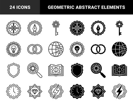 Abstract Hybrid Symbol Set Featuring Geometric Compass Rose Lightbulb Fountain Pen Nibs Magnifying Glass and Celestial Eye Elements in Outline and Solid Styles