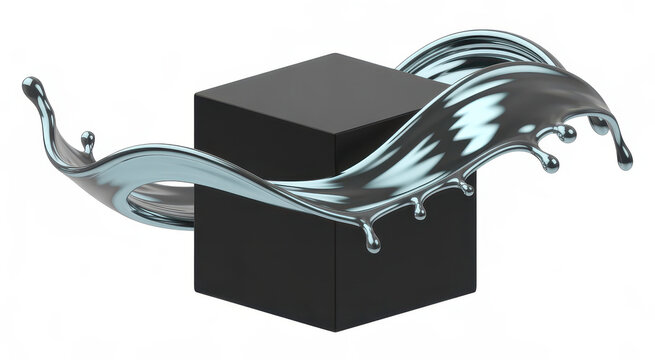 Metallic liquid flowing around black cube