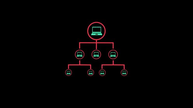 Abstract teal Network diagram icon with eight laptops connected concept. Tree topology icon, This hierarchical network topology on black background.4k video animation.