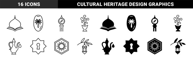 Obraz premium Islamic heritage symbol collection featuring hybrid designs of mosque domes with open books date palms and traditional incense burners in dual stroke and solid styles