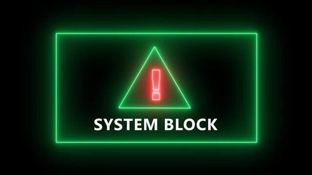 Glowing neon system block attempting to break into a digital animation system with a lock icon on the screen, and a warning message appearing as the system block the breach.computer code and dark .4k