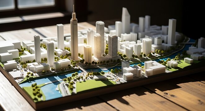 Detailed architectural model of a modern city skyline with a river and green spaces