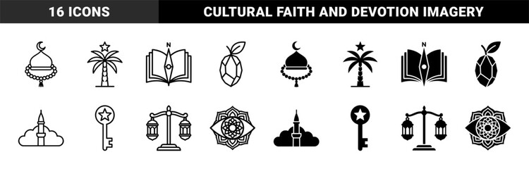 Obraz premium Islamic spirituality and ramadan symbols merging mosque architecture with prayer beads and crescent moon elements in linear and solid styles