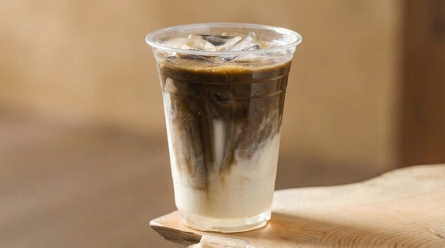 Refreshing Iced Hojicha Latte in a Clear Takeaway Cup on a Wooden Table