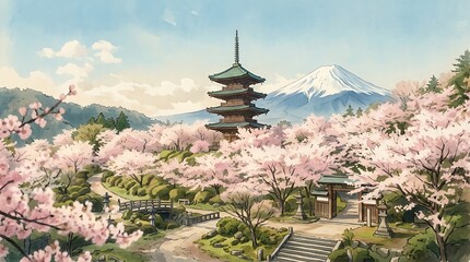 Watercolor Illustration of Spring Landscape in Japan with Mount Fuji, Pagoda, and Blooming Cherry Blossoms.