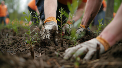 Naklejka premium Volunteers planting a micro forest in a community project.