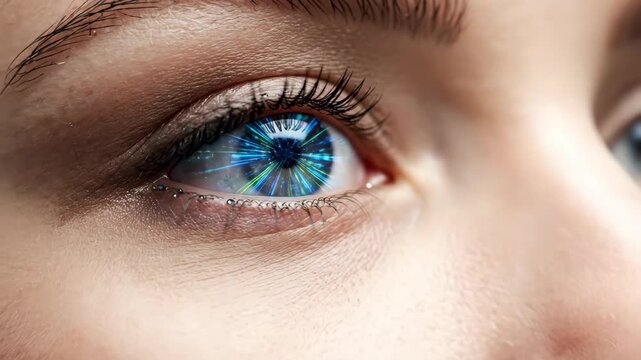 A close-up view of a human eye with a digital, futuristic design. The iris features vibrant blue and green light rays