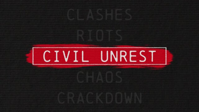 Civil unrest scrolling text sequence with documentary style title animation for news topic and trend