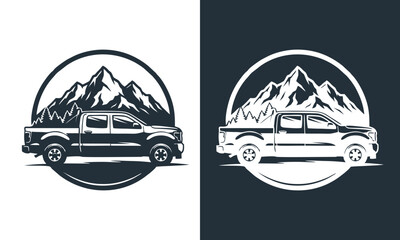 Dual illustrations of a pickup truck with mountains in the background, showcasing different design styles side by side. © irfan