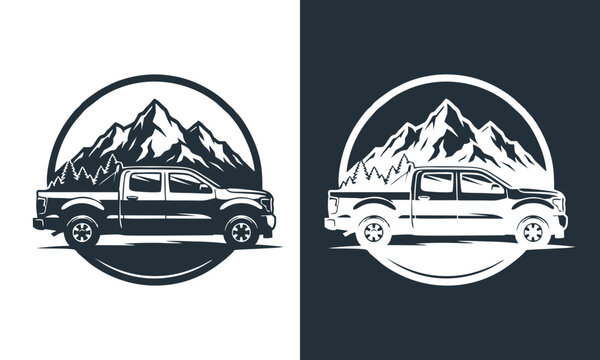 Dual illustrations of a pickup truck with mountains in the background, showcasing different design styles side by side.