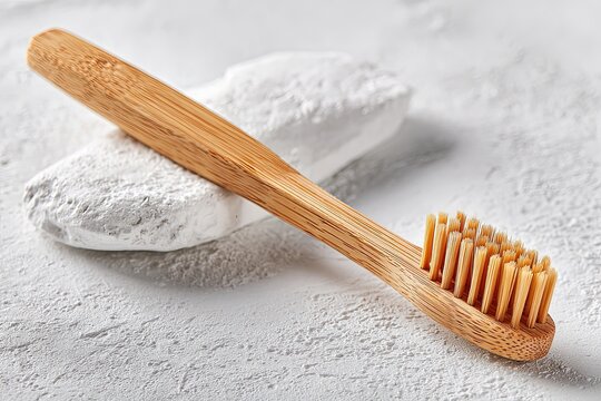 A close-up captures a bamboo toothbrush resting atop a smooth, textured stone, emphasizing the simplicity and sustainable nature of this dental hygiene tool.