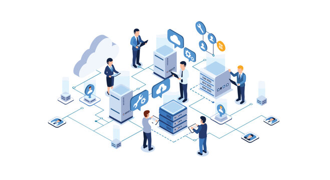 Diverse isometric figures are interacting with cloud computing infrastructure and server racks on a clean white background.