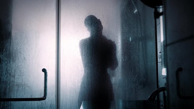 unrecognizable person slender silhouette washing in shower while steam covers glass at nighttime