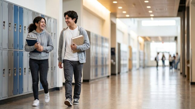 Two Hispanic high school students walking and laughing in a modern corridor.