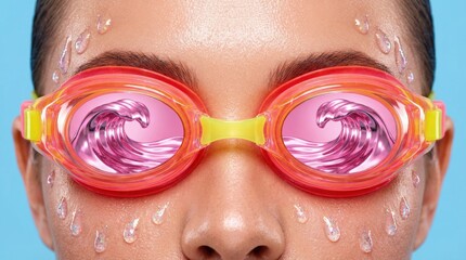 A close-up of a person's eyes wearing pink swimming goggles with a surreal pink wave reflected in the lenses, and water droplets on the skin. Underwater vision, abstract beauty, summer refreshment.
