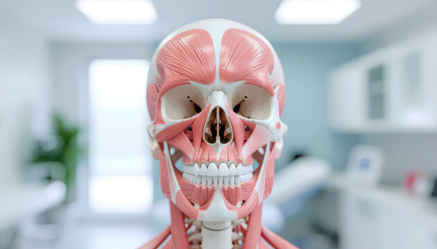 Front view of detailed 3D human facial musculature and skull in bright blurred clinical background