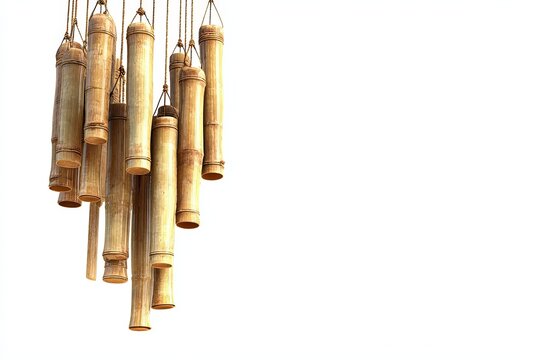 Elegant bamboo wind chimes gently swaying, their intricate design and natural tones providing a tranquil and meditative ambiance.