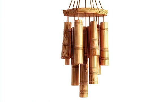 A close-up captures a detailed shot of an intricately crafted wind chime made of bamboo, showcasing the natural textures.