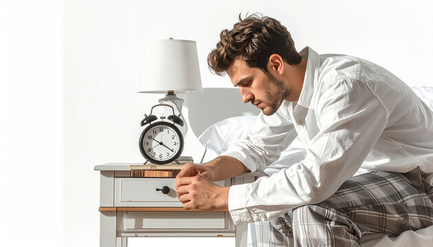 Depressed man in pajamas sits on bed next to alarm clock on nightstand in bedroom; light white and gray tones suggest early morning mood