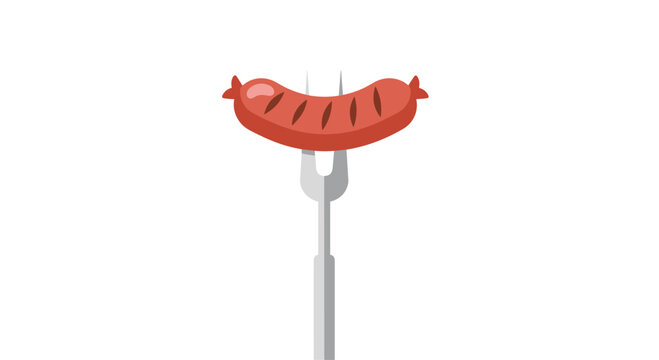 A single reddish-brown grilled sausage with visible grill marks is impaled on a shiny silver two-tined fork against a white background.