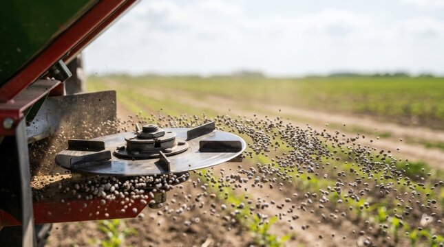 Close-up of agricultural machine spreading fertilizer pellets in a field