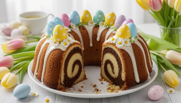 Easter Cake. Traditional ring marble cake withe easter decotation. Easter eggs and spring tulips.
