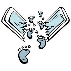 Disconnect from phone and freedom from technology icon. Broken smartphone and footprints walking away. Hand drawn doodle isolated on white