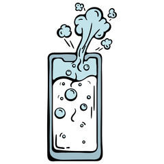 Digital burnout and information fatigue icon. Boiling smartphone with steam and bubbles. Hand drawn doodle isolated graphic