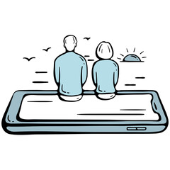Device free zone and life without phones icon.Couple on giant smartphone watching sunset. Hand drawn doodle isolated