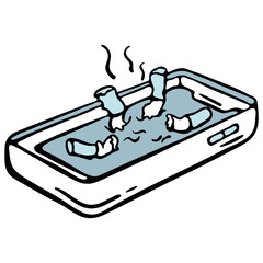 Digital toxicity and smartphone addiction icon. Ashtray mobile phone with cigarette butts and smoke. Hand drawn doodle isolated graphic