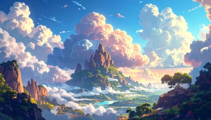 Naklejka premium Fantasy Landscape with Castle Amidst Clouds and Lush Greenery.