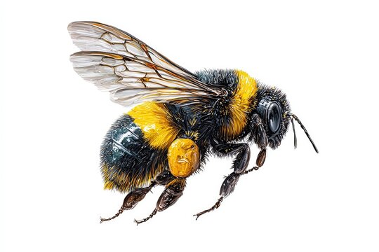 A detailed illustration of a vibrant bumblebee in mid-flight showcases the intricate details of its wings and fur.