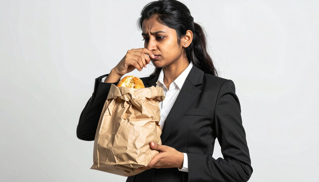Displeased woman in suit holding smelly food in paper bag and pinching her nose due to unpleasant odor on white background