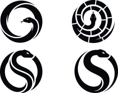 Snake logo collection with circular serpent silhouettes, minimalist reptile emblem vector set isolated on white background for tattoo, wildlife branding and mascot design