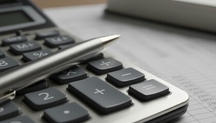 Obraz premium Macro Close-Up of Calculator Buttons and Metallic Pen on Spreadsheet
