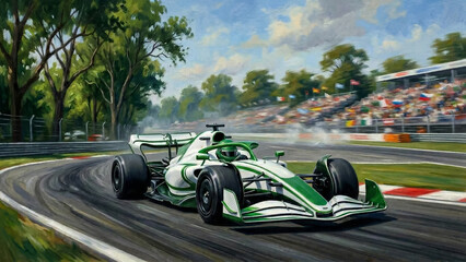 Naklejka premium oil painting style illustration of green formula one car on racing track surrounded by trees and fans with flags on stands