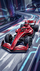 Naklejka premium vertical illustration of a red racing car on a futuristic track with dynamic lines and geometric shapes creating a sense of rapid movement through a modern city