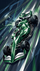 Naklejka premium green racing car in a vertical composition with abstract lines emphasizing aerodynamics and an eco friendly approach in modern motorsport on a high speed track