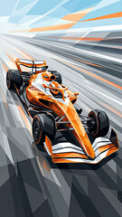 Naklejka premium white and orange racing car on a bright track background with clean lines and minimalist polygonal style highlighting the elegance and power of the prototype