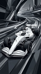 Naklejka premium black and white graphics of a racing car on a winding track monochrome style emphasizing form light play and the drama of the world championship competition